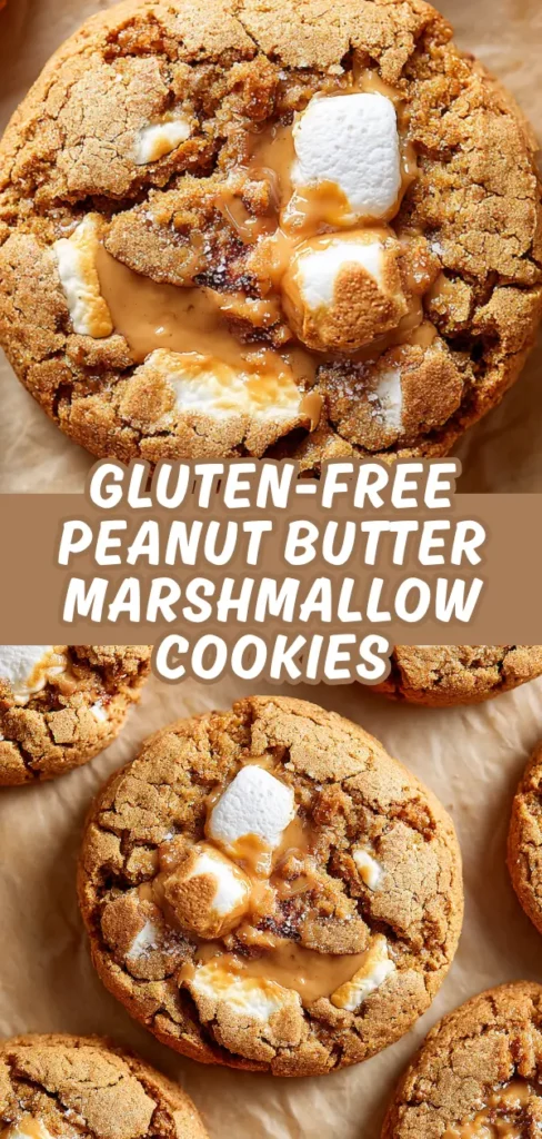 Close-up of gluten-free peanut butter marshmallow cookies with a crumbly, golden-brown exterior, filled with melted marshmallows and peanut butter, some melting and oozing out.