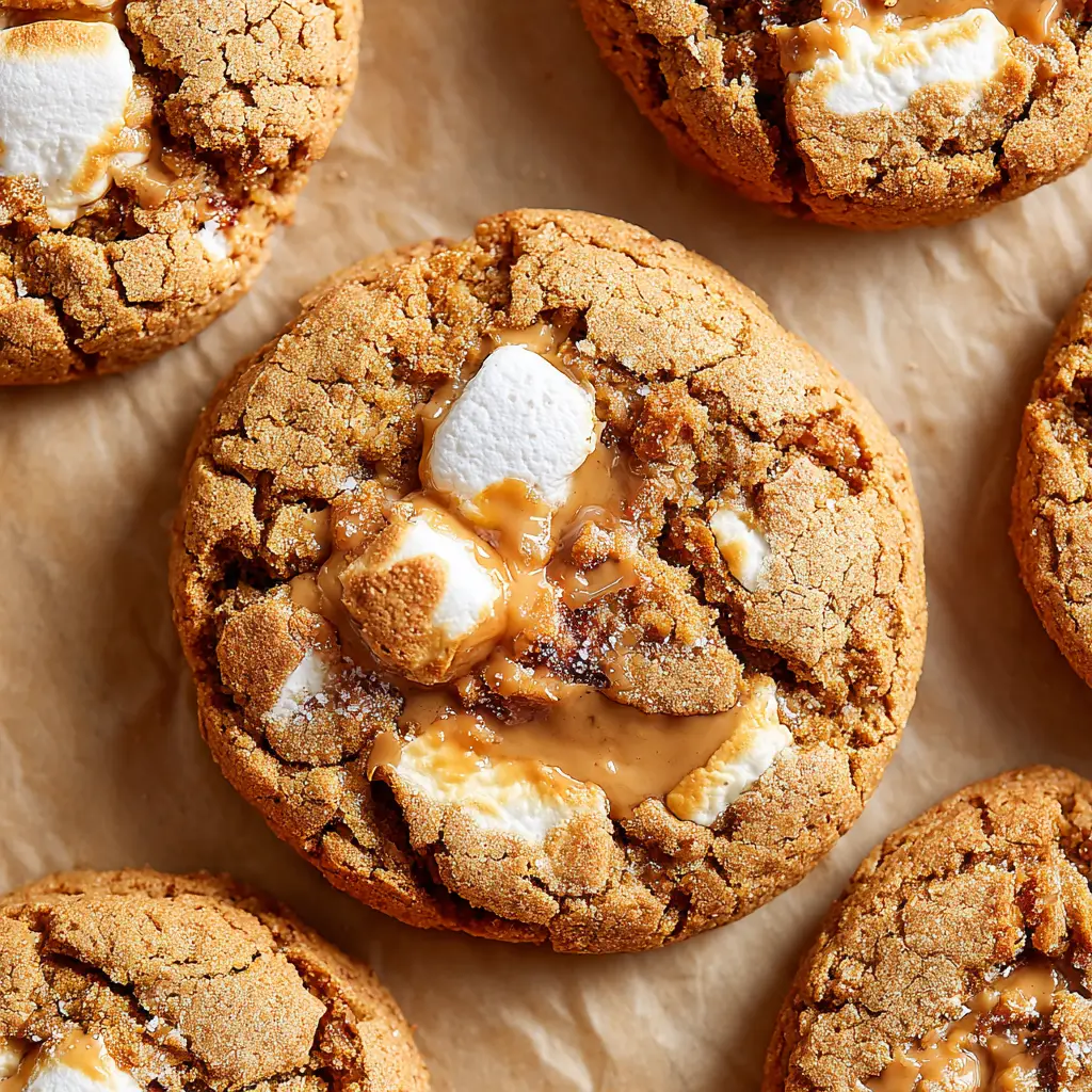 Close-up of gooey, caramel-stuffed cookies with a crumbly, golden-brown exterior, topped with a dollop of marshmallow and drizzled with caramel sauce.