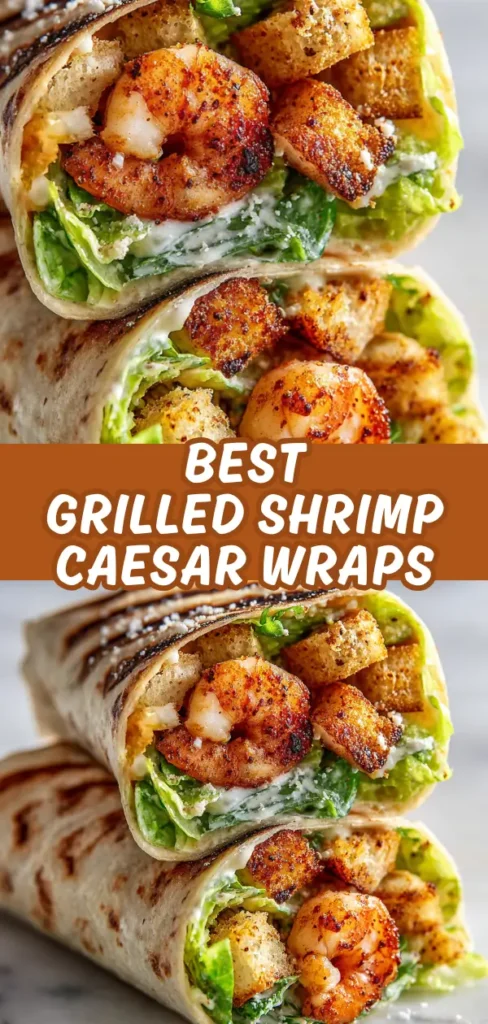 Close-up of two grilled shrimp Caesar wraps filled with lettuce, seasoned grilled shrimp, and croutons, wrapped in a toasted tortilla.