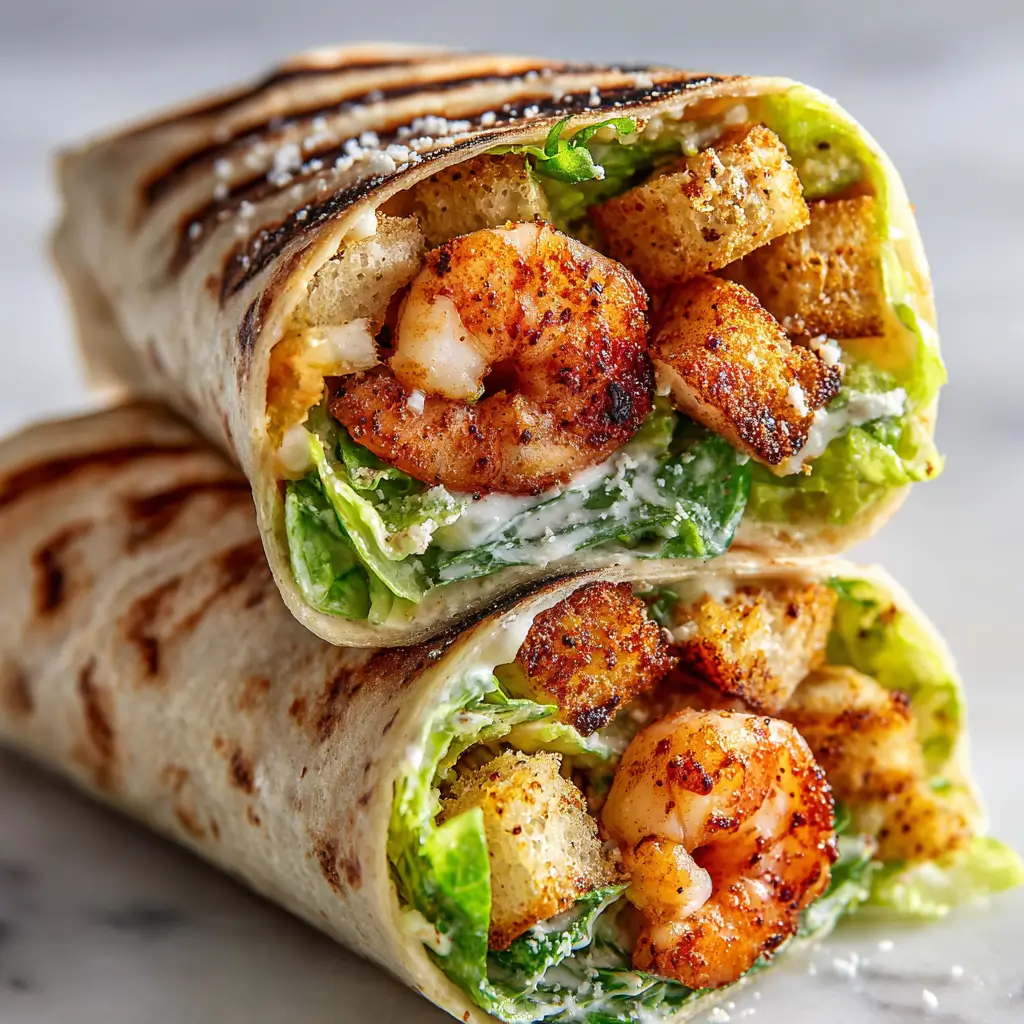 Close-up of a shrimp burrito with grilled shrimp, lettuce, croutons, and creamy sauce wrapped in a toasted tortilla.