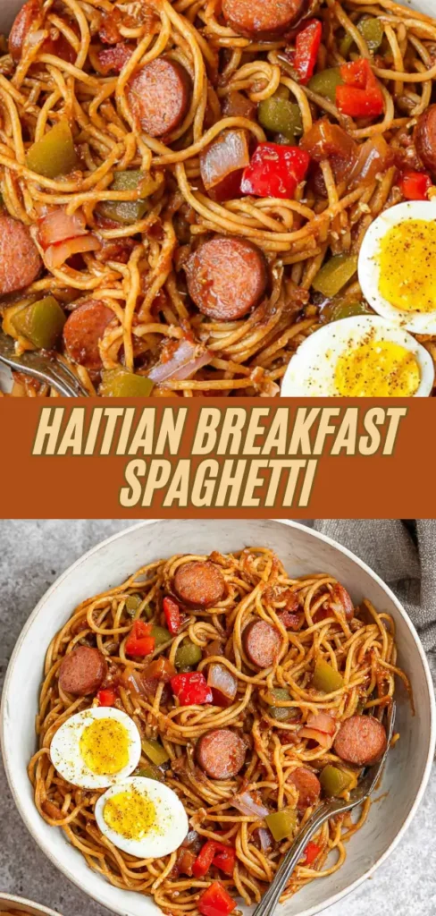 Close-up of Haitian breakfast spaghetti featuring cooked spaghetti noodles mixed with sliced sausages, diced red and green bell peppers, onions, and topped with halved boiled eggs seasoned with black pepper.