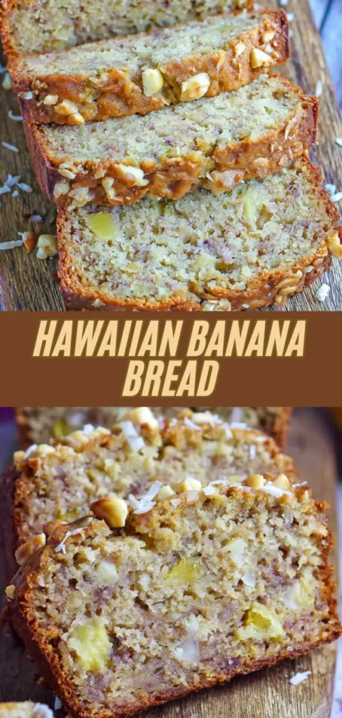 Slices of Hawaiian Banana Bread with chunks of banana, chopped nuts, and shredded coconut on top, displayed on a wooden surface.