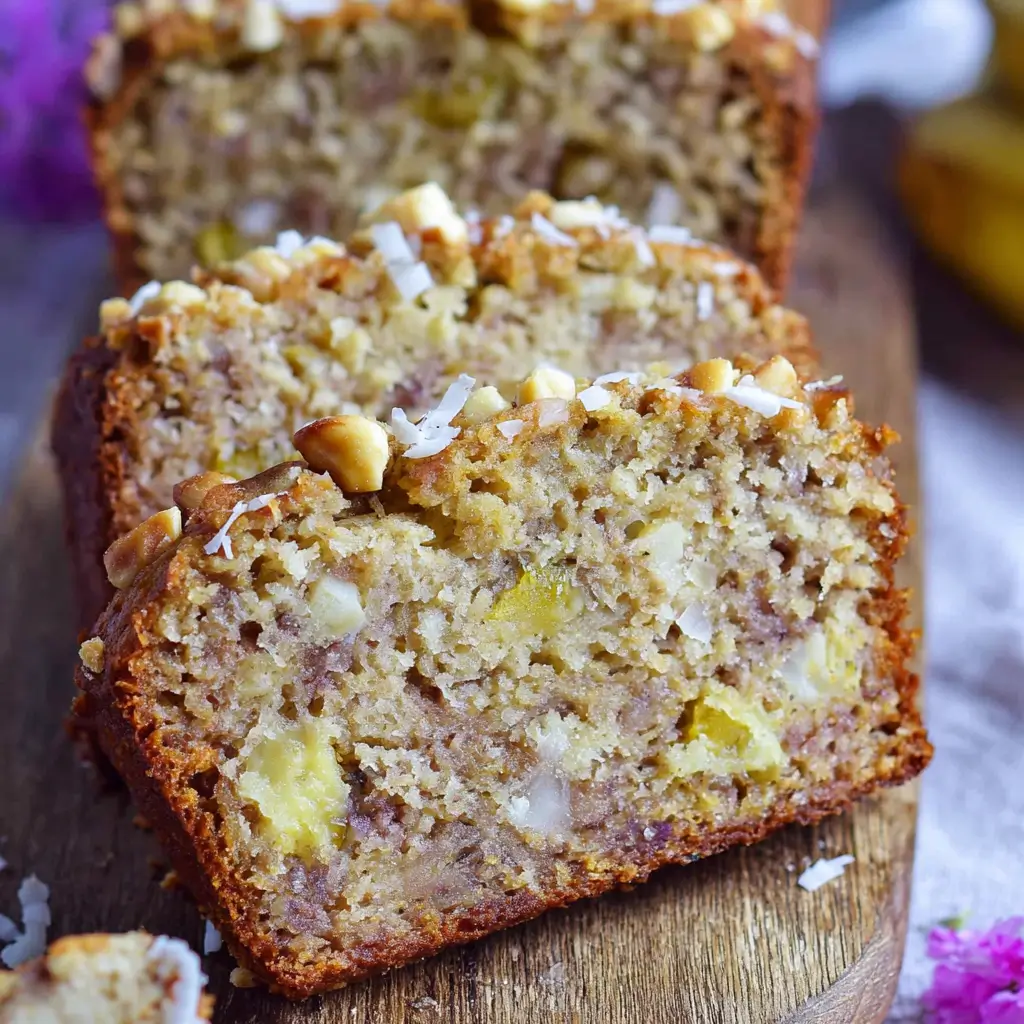 Sliced banana nut bread with visible banana chunks and chopped nuts on top, placed on a wooden surface.