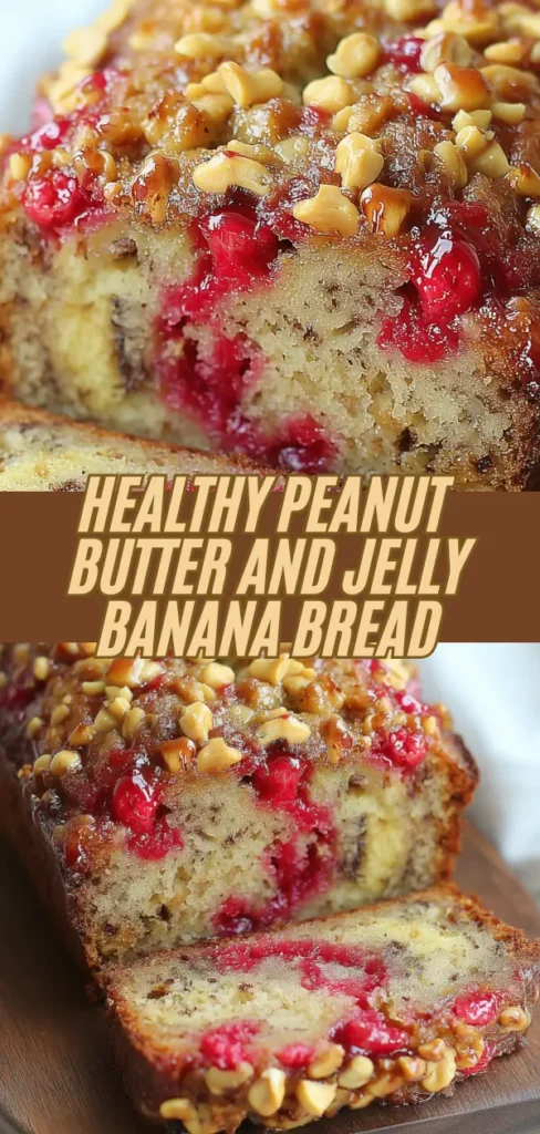 Close-up of a slice of peanut butter and jelly banana bread topped with chopped nuts, showing a moist interior with swirls of red jelly and bits of banana.