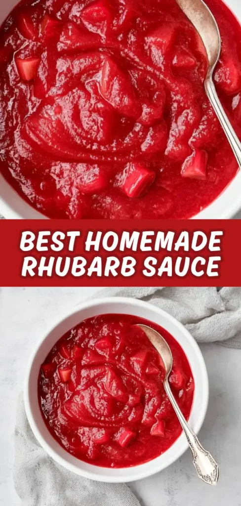 A bowl of homemade rhubarb sauce with a silver spoon resting inside, showcasing a vibrant red color and a slightly chunky texture.