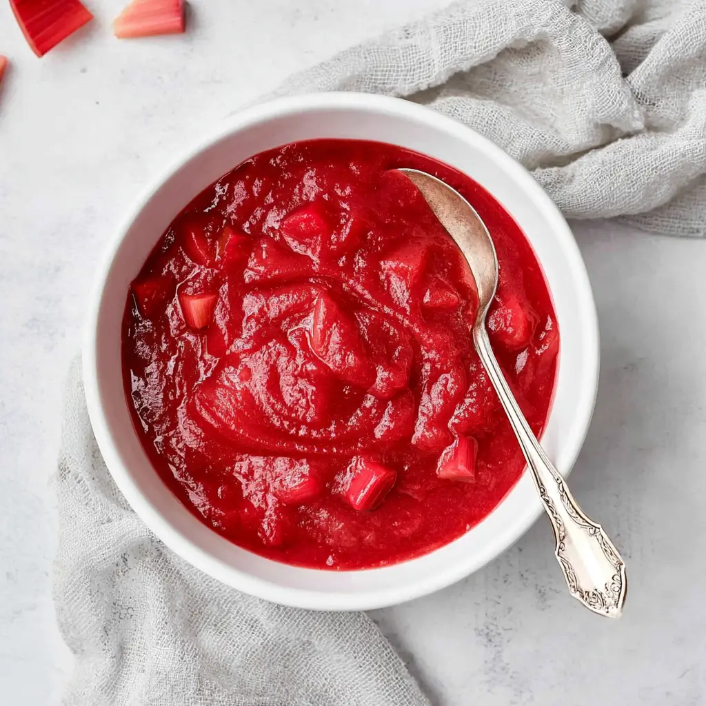 A bowl of vibrant red strawberry sauce with small chunks of strawberries, served with a silver spoon on a white cloth background.