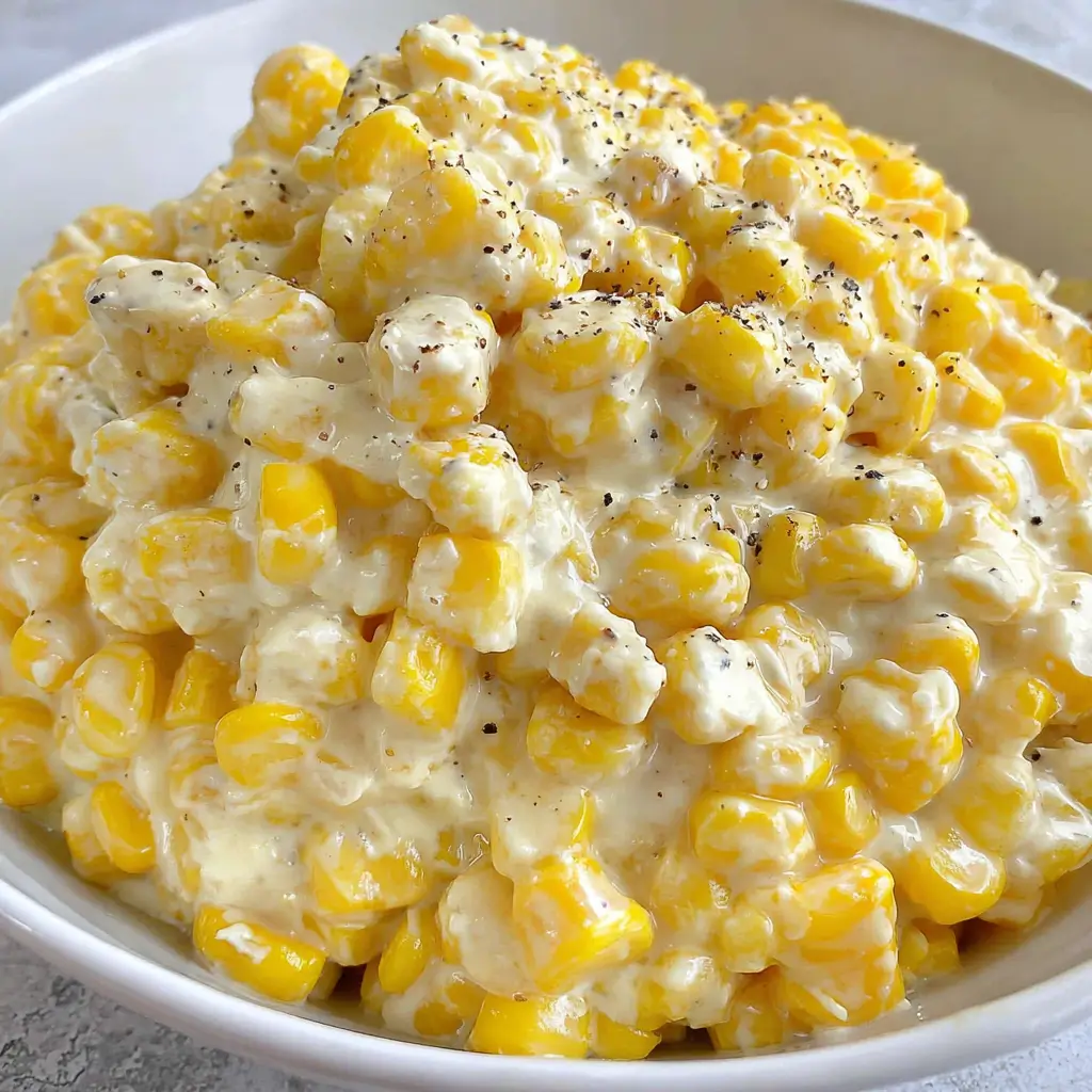 A bowl of creamy corn salad topped with black pepper.