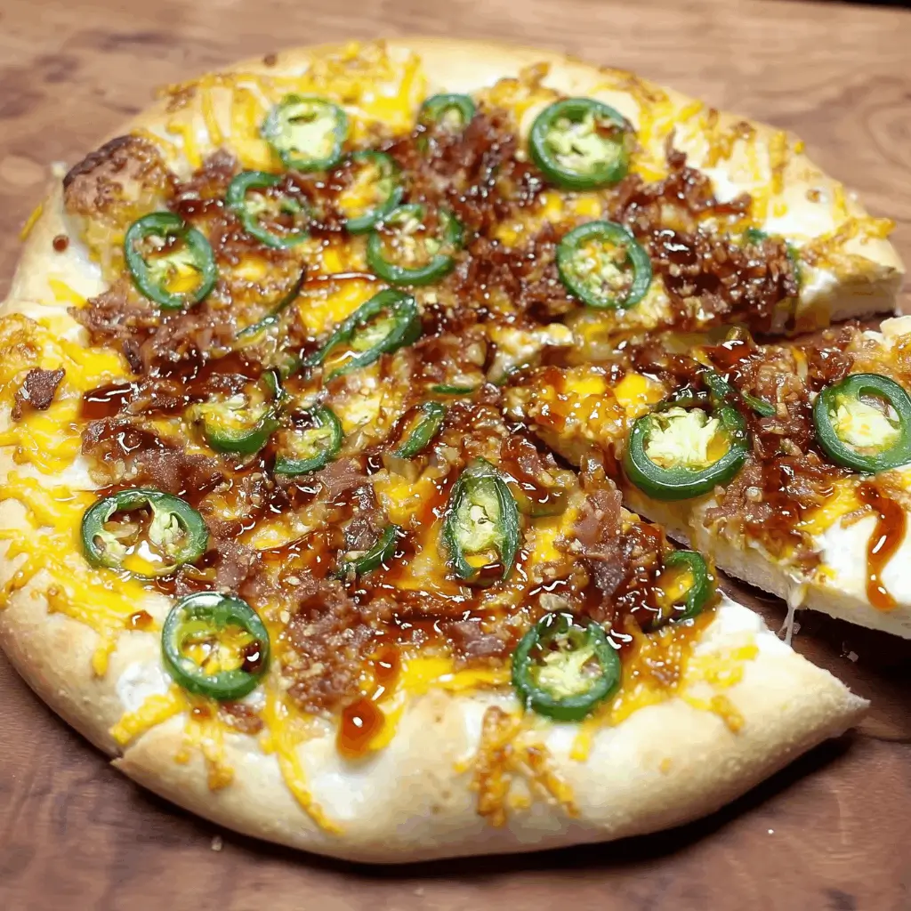 freshly baked pizza topped with cheese, sliced jalapeños, and a savory meat sauce, served on a wooden surface.