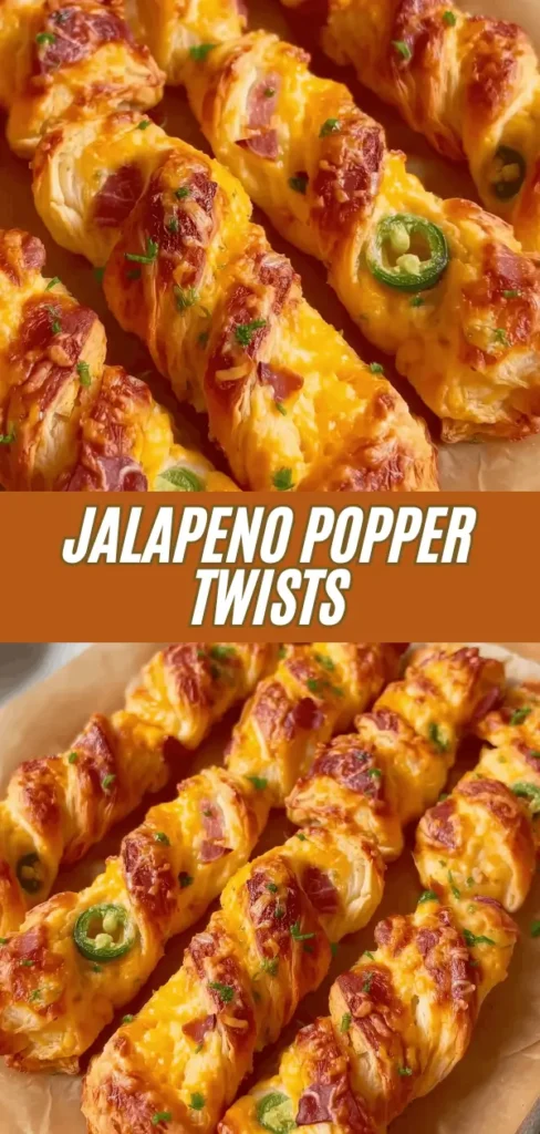 Close-up of jalapeno popper twists, featuring golden-brown, cheesy with sliced jalapeƱos and chopped herbs.