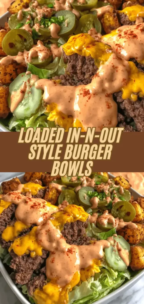 Loaded in-and-out style burger bowls with seasoned ground beef, melted cheese, creamy sauce, chopped pickles, and fresh lettuce, served in a bowl.