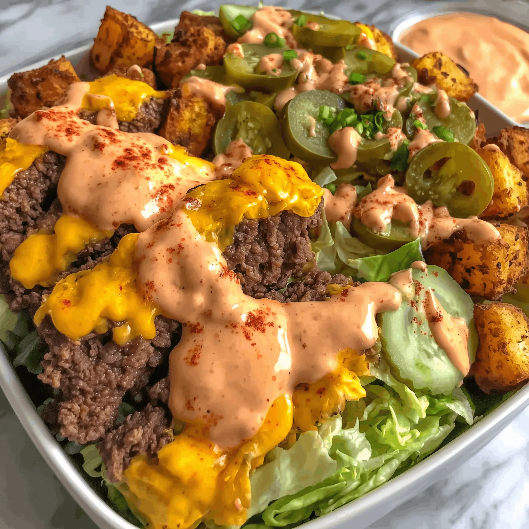 A close-up of a loaded hamburger salad bowl with seasoned ground beef, melted cheese, chopped pickles, lettuce, and a drizzle of sauce.