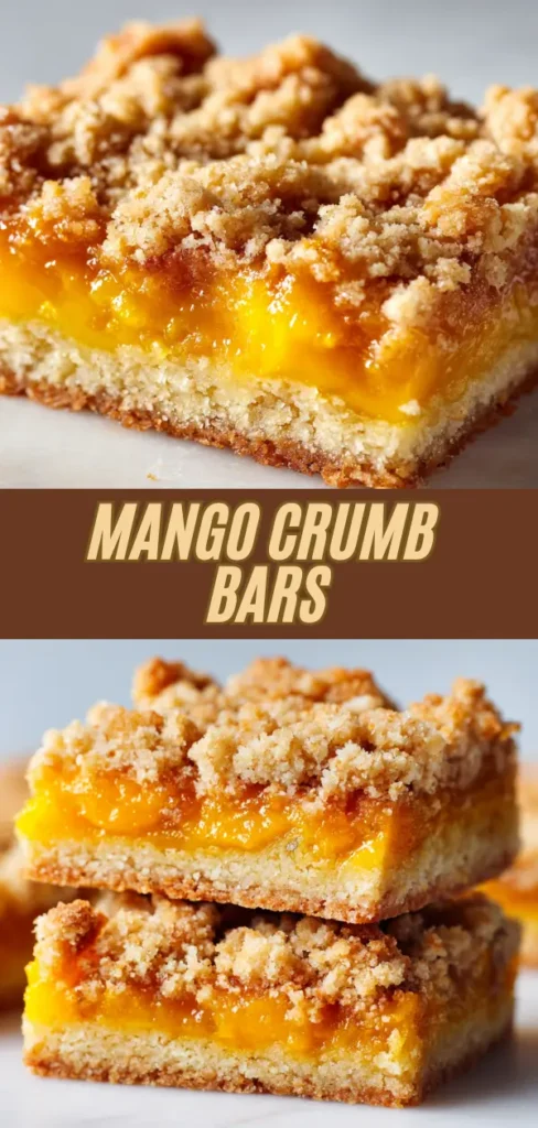 Close-up of mango crumb bars with a golden, crumbly topping and a vibrant yellow mango filling, stacked on top of each other.