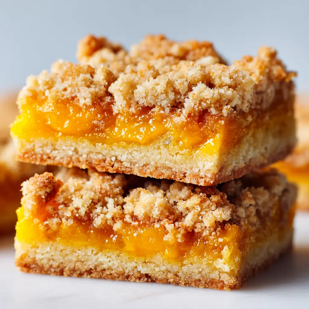 Two slices of peach cobbler with a crumbly topping and juicy peach filling, stacked on top of each other.