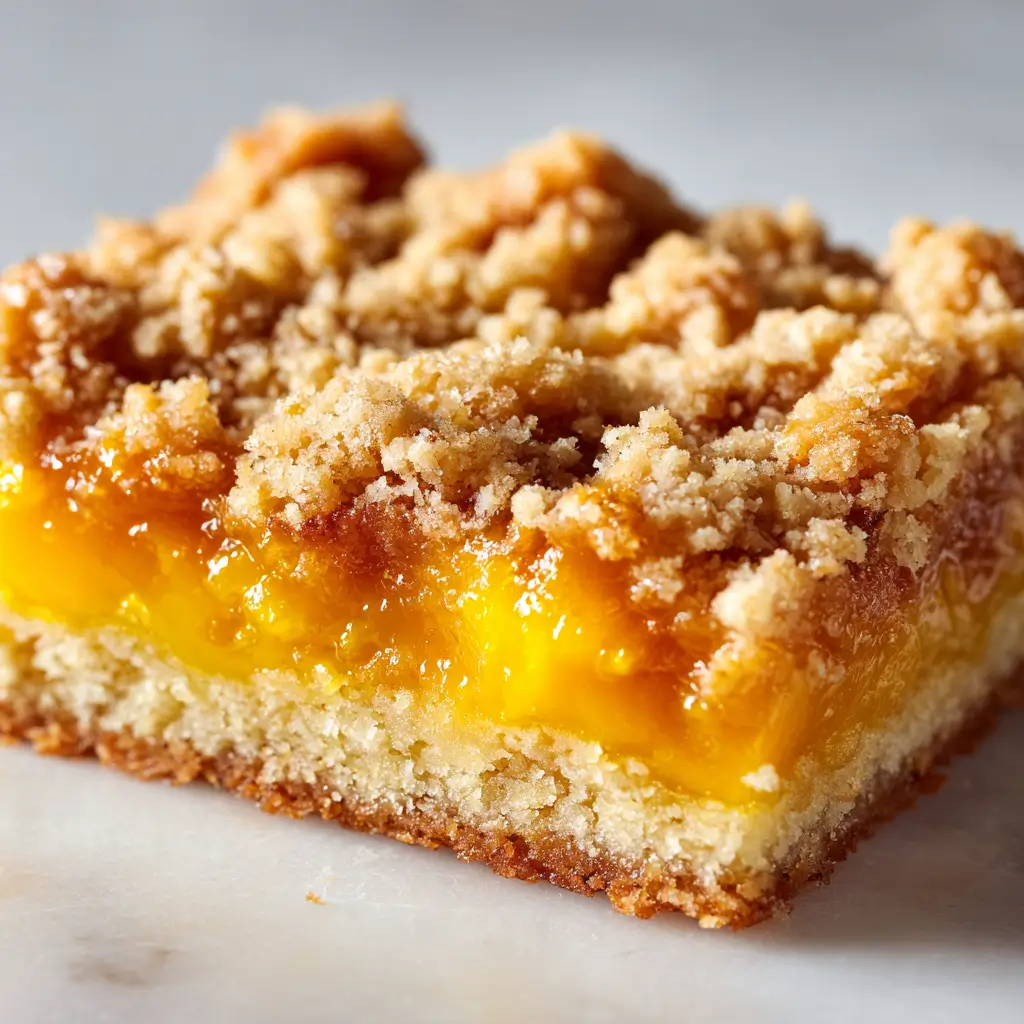 A close-up of a peach cobbler with a crumbly topping and juicy peach filling.