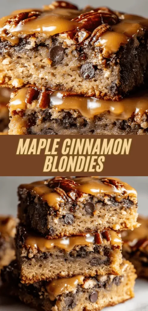 Maple cinnamon blondies with caramel drizzle and pecans, showing a chewy texture with chocolate chips.