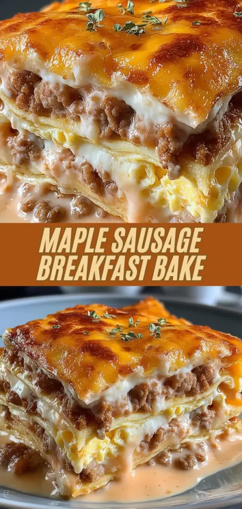 A close-up of a delicious maple sausage breakfast bake, showcasing layers of cooked sausage, eggs, cheese, and a golden-brown top, garnished with fresh herbs.