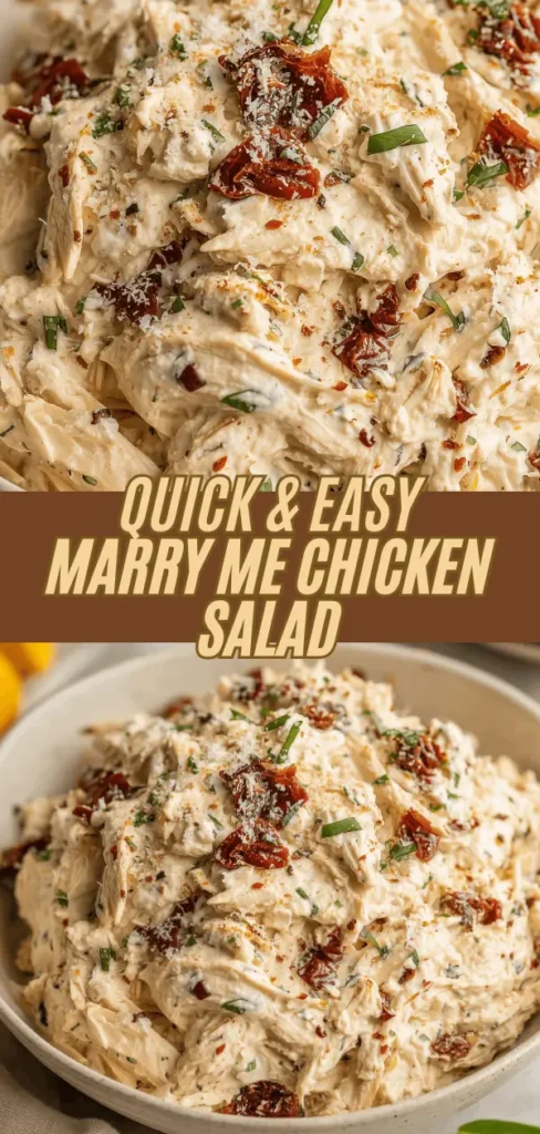 A creamy chicken salad with sun-dried tomatoes and herbs, served in a bowl.
