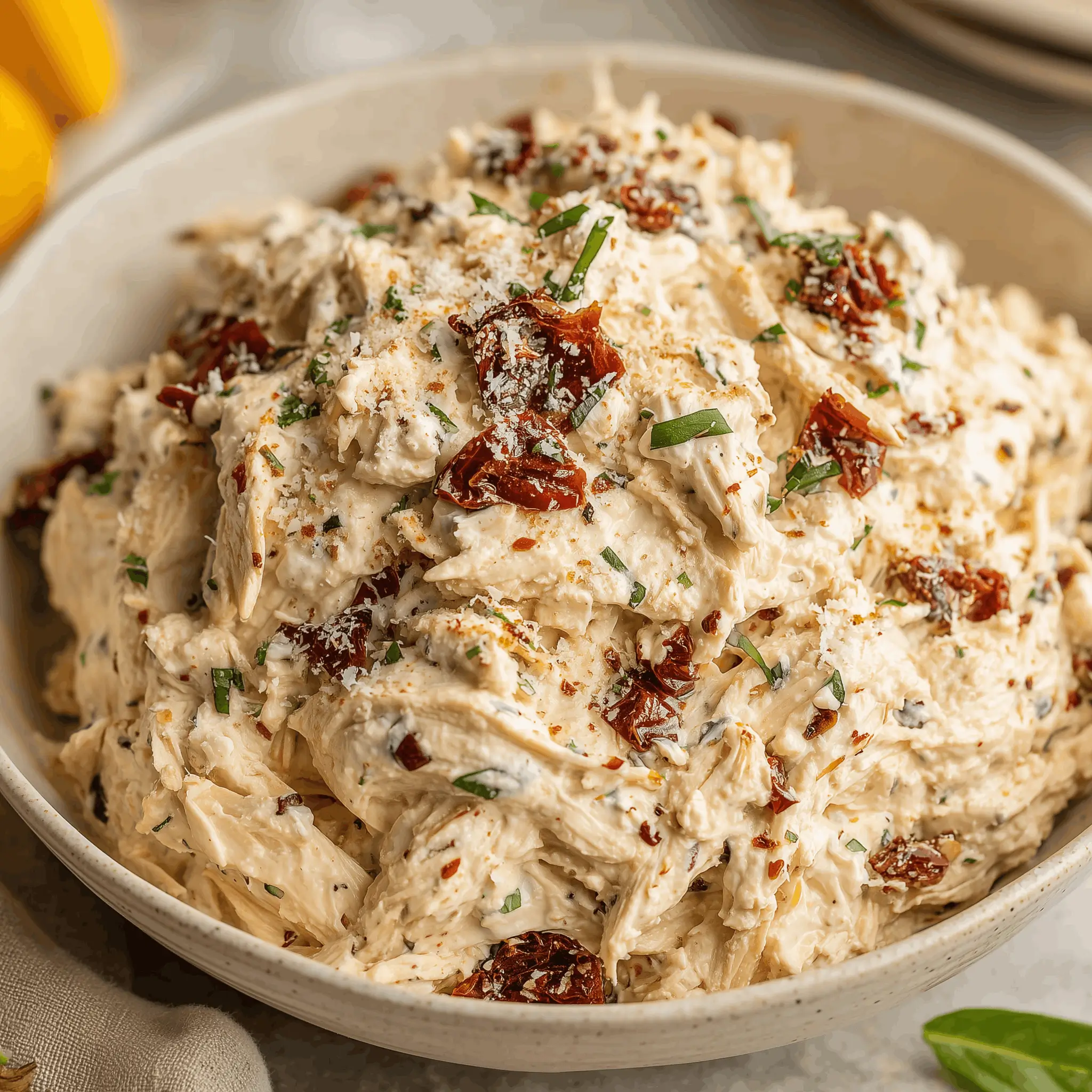 A bowl of creamy chicken salad mixed with sun-dried tomatoes and herbs.