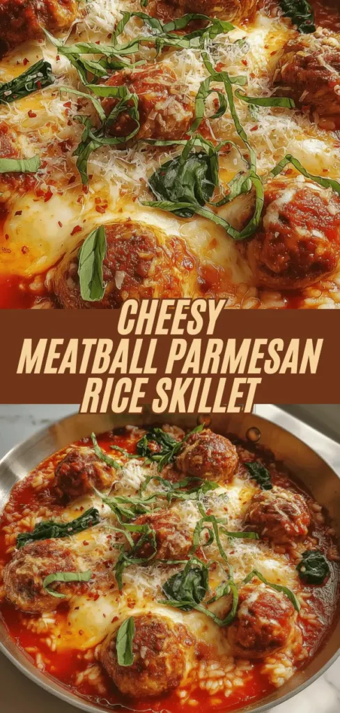 Cheesy meatball parmesan rice skillet topped with melted cheese and fresh basil, served in a skillet.