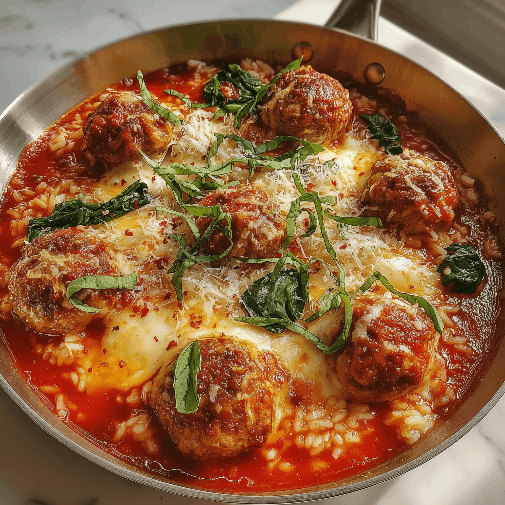 A plate of spaghetti and meatballs topped with melted cheese, fresh basil, and red pepper flakes, served in a skillet.