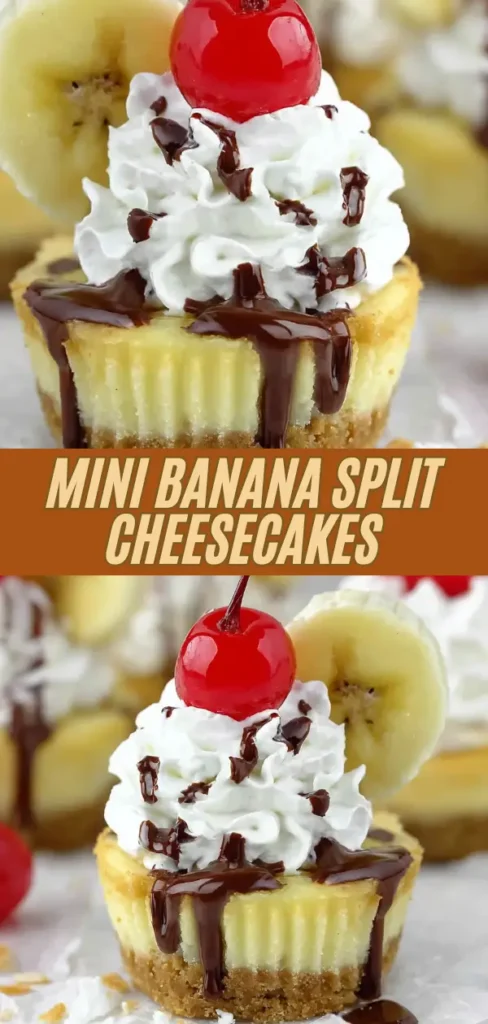 Mini banana split cheesecakes on golden graham cracker crusts with hot fudge drizzle, fluffy whipped cream, chocolate pieces, banana slices, and maraschino cherries