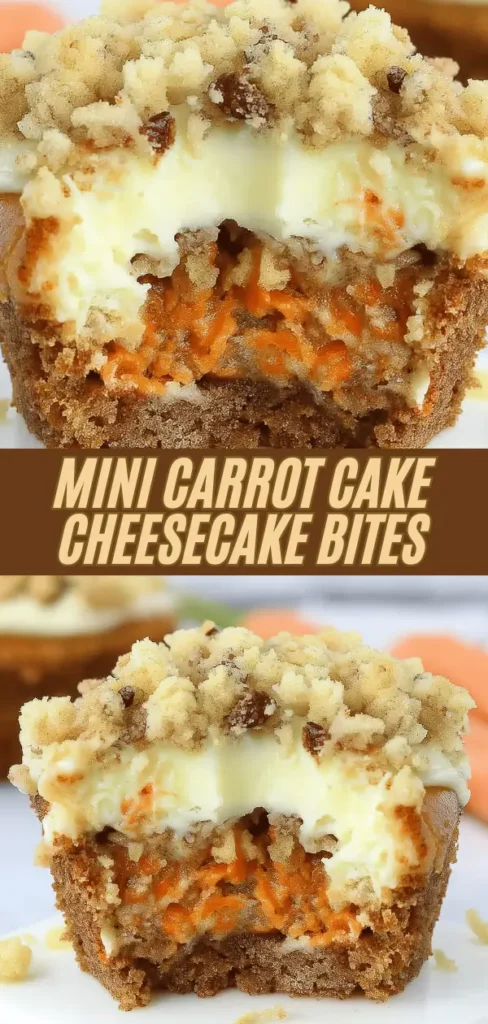 Mini carrot cake cheesecake bites with spiced carrot cake base, creamy cheesecake layer, and walnut streusel crumb topping served on a white plate