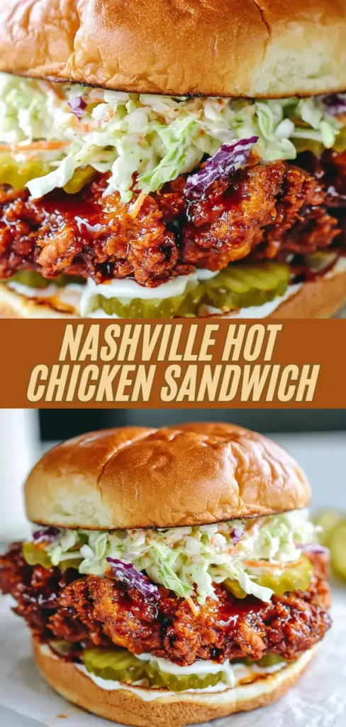 A close-up of a Nashville hot chicken sandwich with a crispy fried chicken fillet coated in spicy sauce, topped with shredded lettuce, coleslaw, pickles, and served in a soft bun.