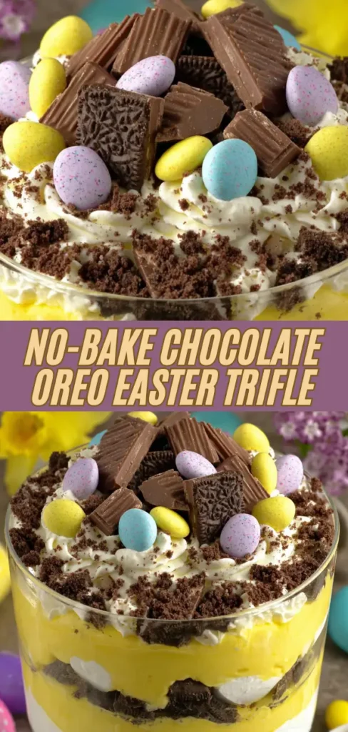 Festive no-bake Easter trifle in a clear glass bowl, showing bright yellow pudding layers, fluffy whipped cream, crushed Oreo crumbles, mini marshmallows, and a generous topping of chocolate bars, colorful speckled mini eggs, and pastel candies with spring flowers in the background