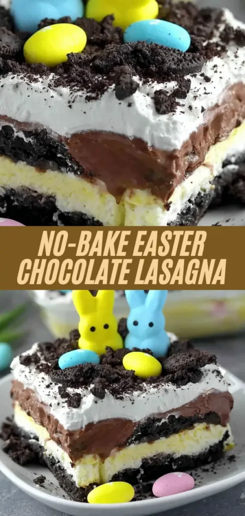 No bake Easter chocolate lasagna with layered Oreo crust, cream cheese filling, chocolate pudding, whipped cream, crushed Oreo dirt, pastel candy eggs, and yellow and blue Peeps bunny decorations