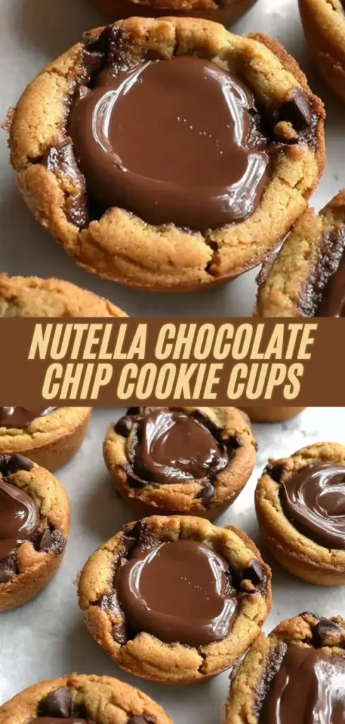 Close-up of Nutella chocolate chip cookie cups filled with melted Nutella, showing a golden-brown, crispy edge with gooey chocolate filling in the center.