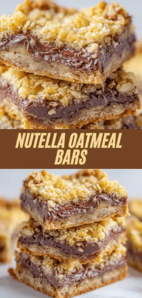 Close-up of Nutella Oatmeal Bars with a crumbly oat crust, a thick Nutella layer, and a crunchy streusel topping.