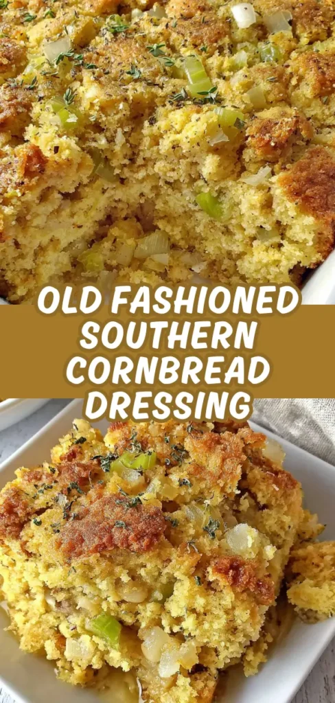 Close-up of a slice of old-fashioned Southern cornbread dressing topped with chopped green onions and herbs, showing a moist, crumbly texture with a golden-brown crust.