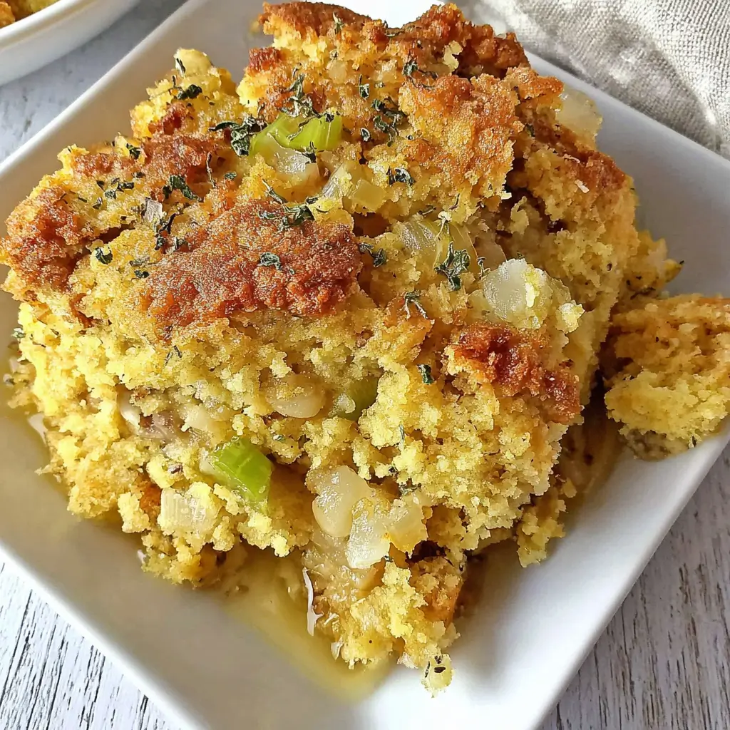 Close-up of a serving of savory casserole topped with herbs, with a golden-brown crust and visible chunks of vegetables and possibly chicken or cheese.
