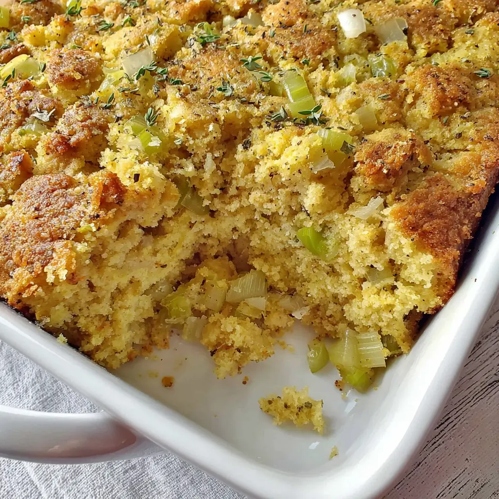 Close-up of a savory casserole topped with chopped green onions and herbs, with a golden-brown crust and a slice removed to reveal a moist, crumbly interior.
