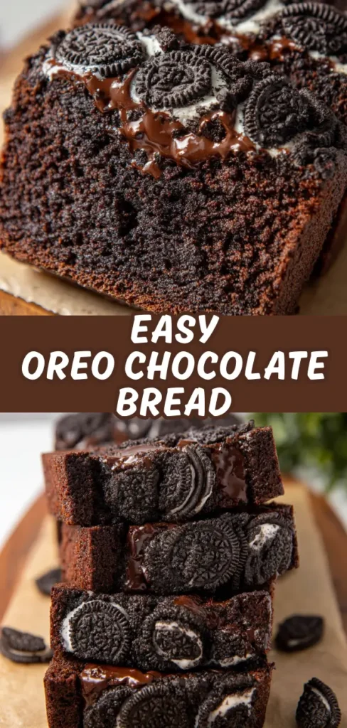 Close-up of rich, moist Oreo chocolate bread with visible Oreo cookies inside, topped with melted chocolate and Oreo cookies, showcasing a gooey and decadent dessert.