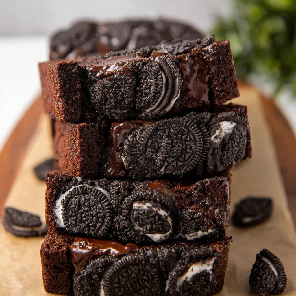 Close-up of a stack of rich, moist chocolate Oreo brownies with visible Oreo cookies embedded inside, topped with a glossy layer of chocolate.