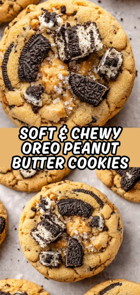 Close-up of soft and chewy Oreo peanut butter cookies topped with chunks of Oreo cookies and peanut butter, with a caption overlay that reads "Soft & Chewy Oreo Peanut Butter Cookies."