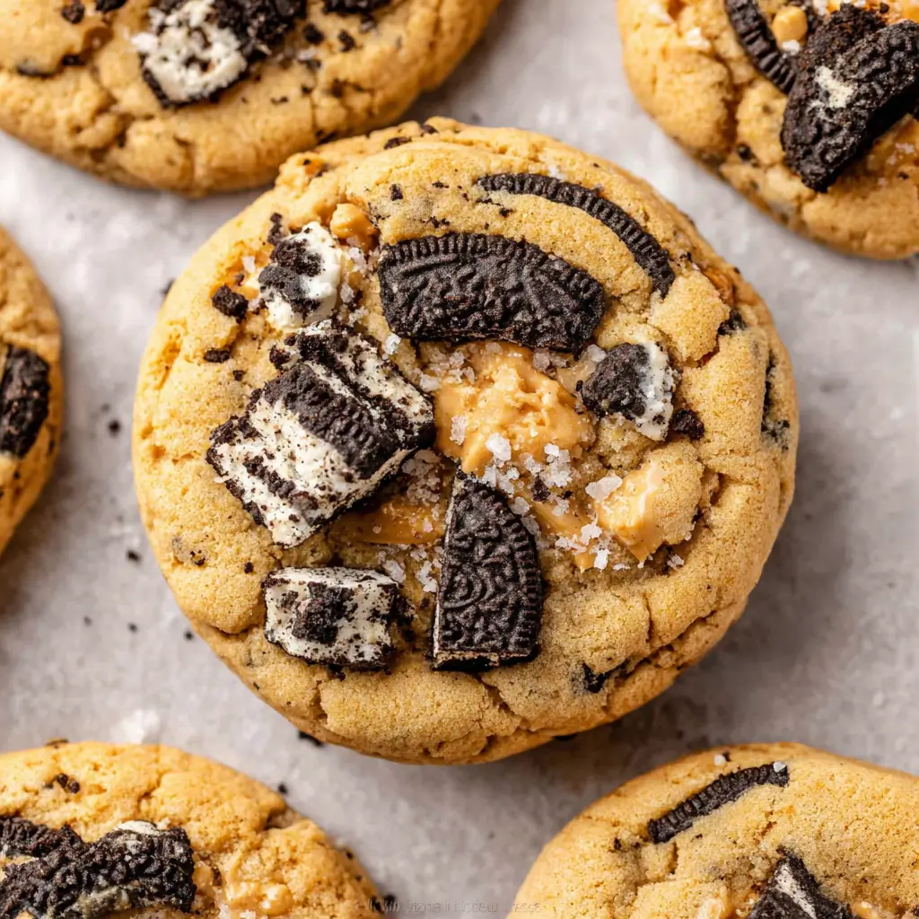 Close-up of freshly baked cookies topped with crushed Oreo cookies and caramel chunks, showcasing a gooey and delicious treat.
