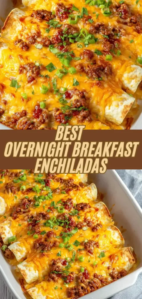 Baked overnight breakfast enchiladas topped with melted cheese and chopped green onions in a white baking dish.
