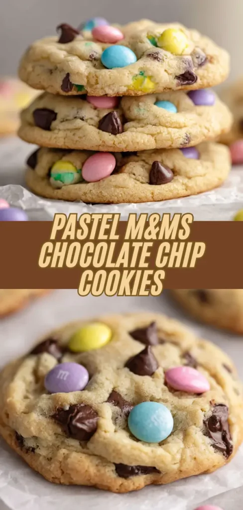 Close-up of three stacked pastel M&M chocolate chip cookies with colorful candies on top, with additional cookies in the background.