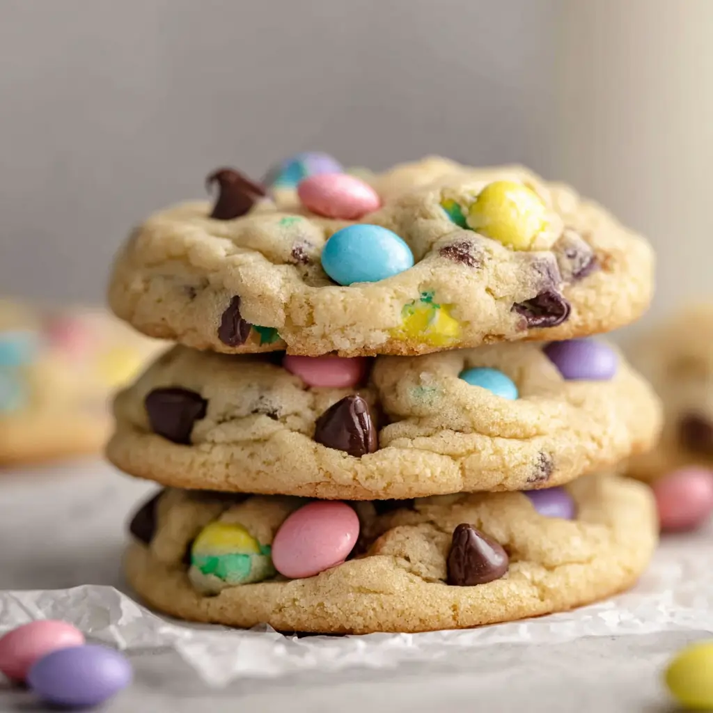 A stack of three colorful cookies with pastel-colored candy-coated chocolates scattered around on a piece of parchment paper.