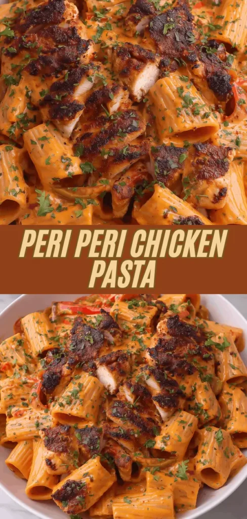 A close-up of Peri Peri Chicken Pasta featuring tender pasta tubes coated in a vibrant, spicy orange sauce, topped with grilled chicken pieces and garnished with chopped parsley.