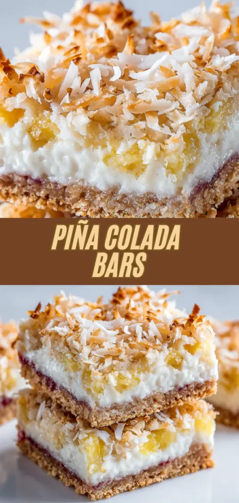 Close-up of Piña Colada Bars with a crumbly crust, creamy pineapple filling, and toasted coconut flakes on top, showcasing their layered texture.