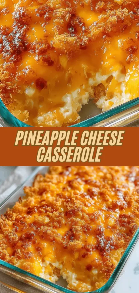 Close-up of a Pineapple Cheese Casserole with a golden breadcrumb topping and cheesy pineapple filling in a glass baking dish.