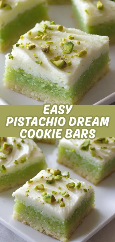Close-up of pistachio lemon bars with a white powdered sugar topping, garnished with chopped pistachios, showing the green filling and crumbly crust.
