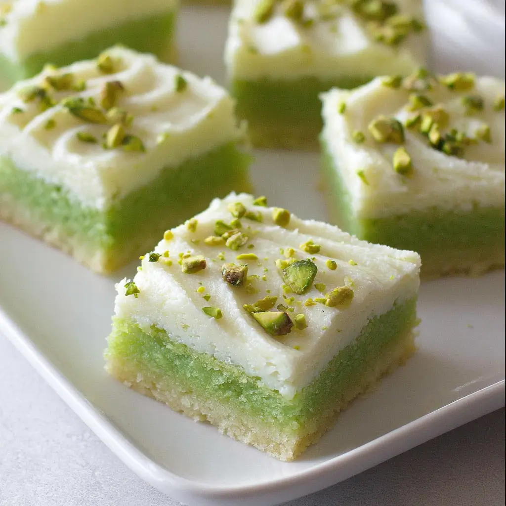 Close-up of pistachio lemon bars with a white powdered sugar topping, garnished with chopped pistachios on top, showing the green filling and crumbly base.