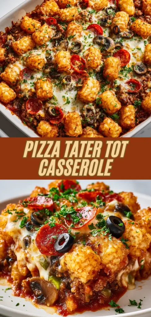 delicious pizza tater tot casserole topped with pepperoni slices, black olives, melted cheese, and chopped parsley, served in a white dish.
