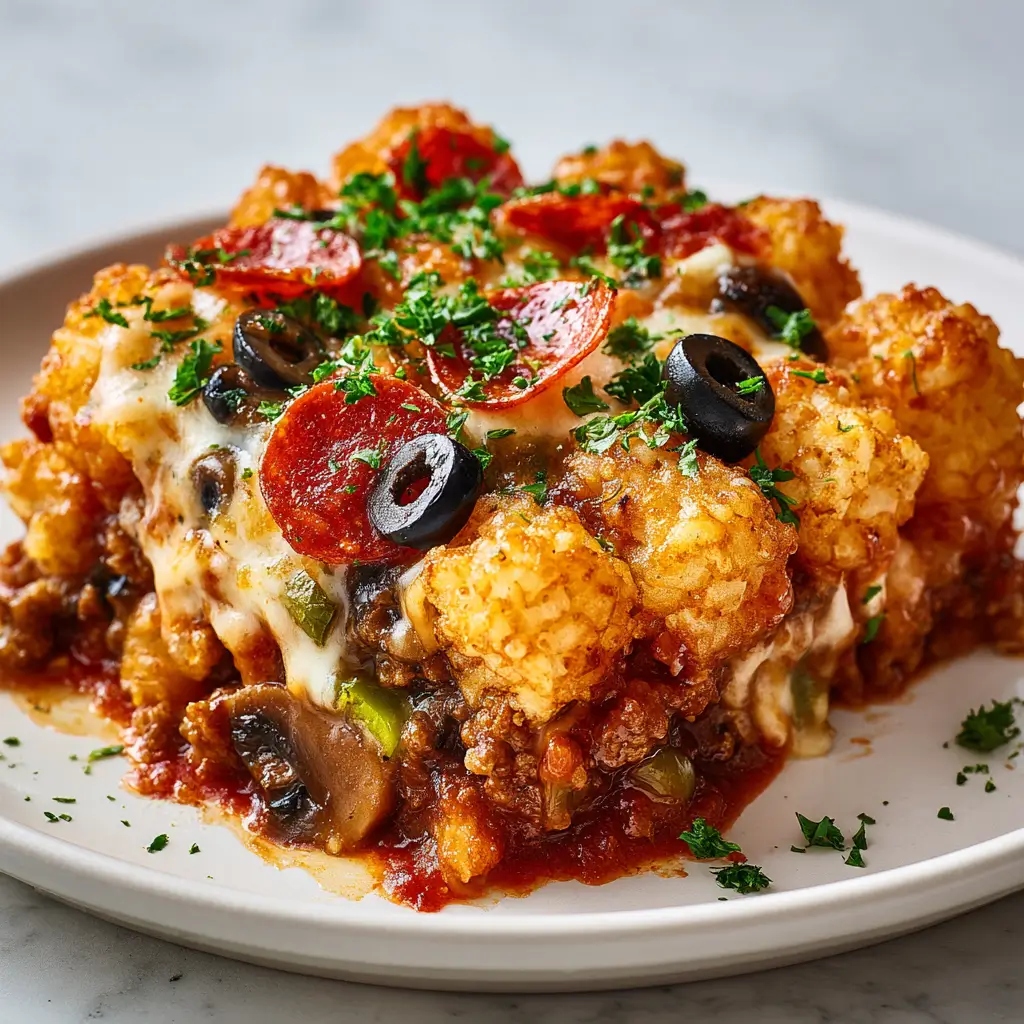 A slice of savory casserole topped with pepperoni slices, black olives, melted cheese, and fresh chopped parsley, served on a white plate.