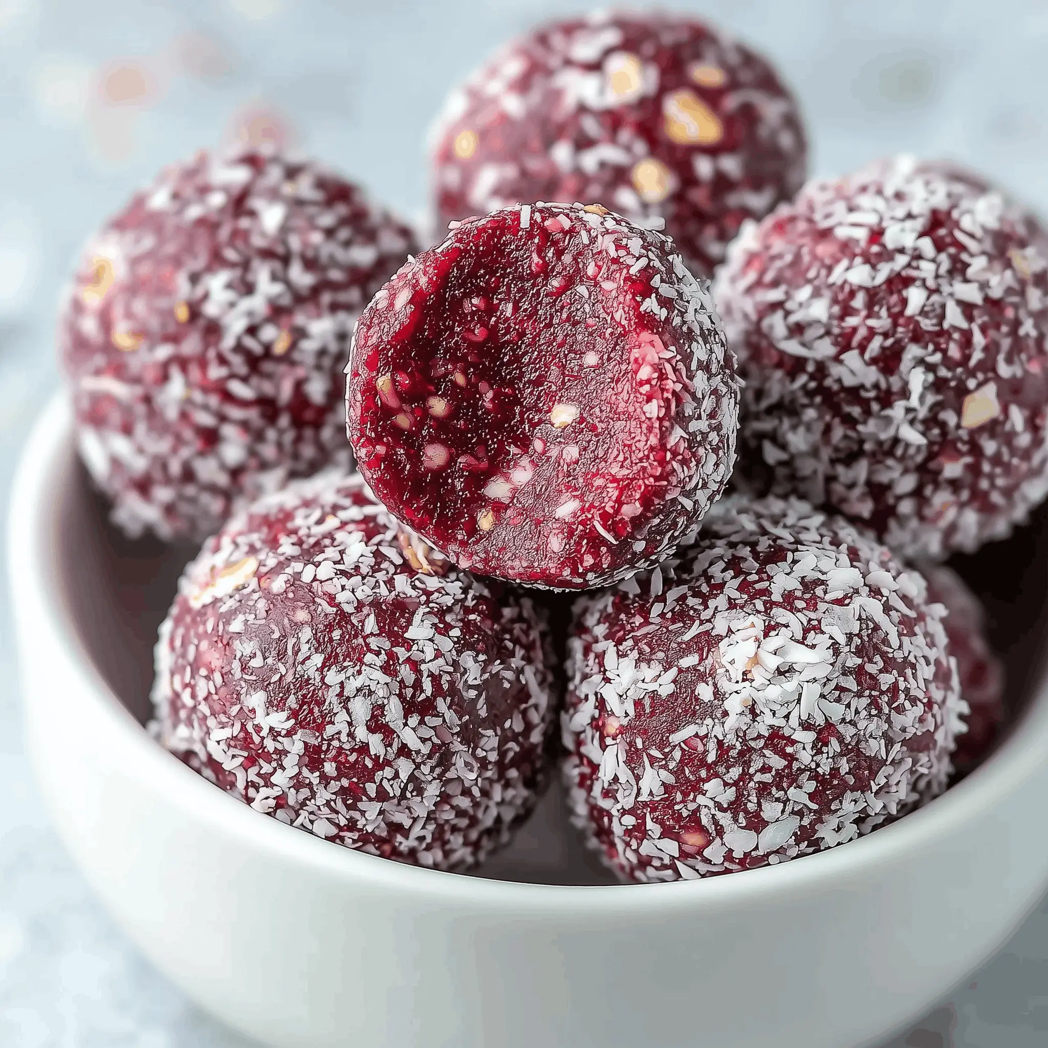 A white bowl filled with bright red berry energy bites coated in shredded coconut, with one bite showing the chewy, berry-filled interior.
