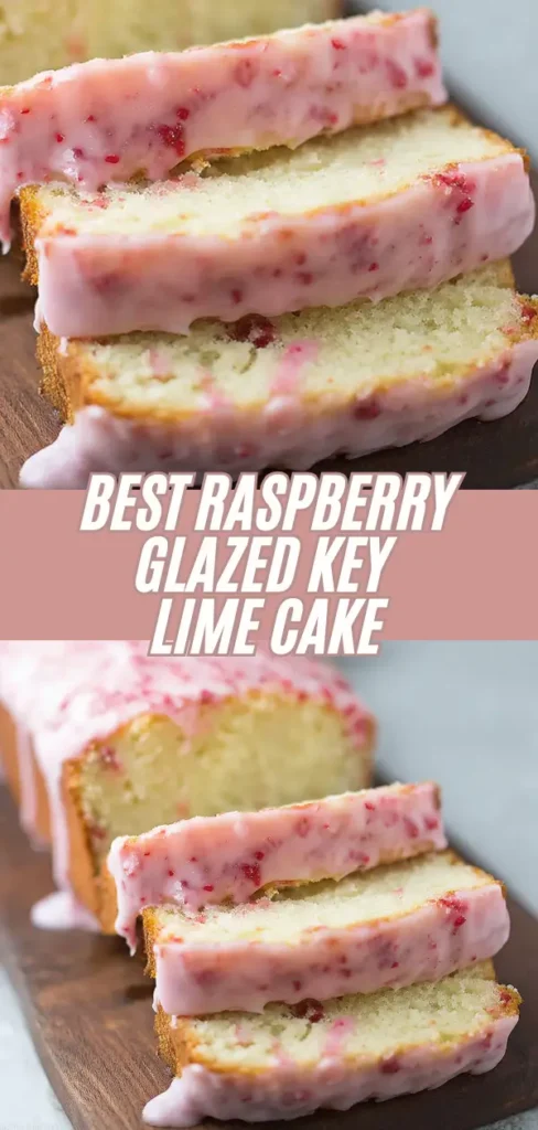 Slices of Raspberry Glazed Key Lime Cake with pink raspberry glaze, placed on a wooden surface.